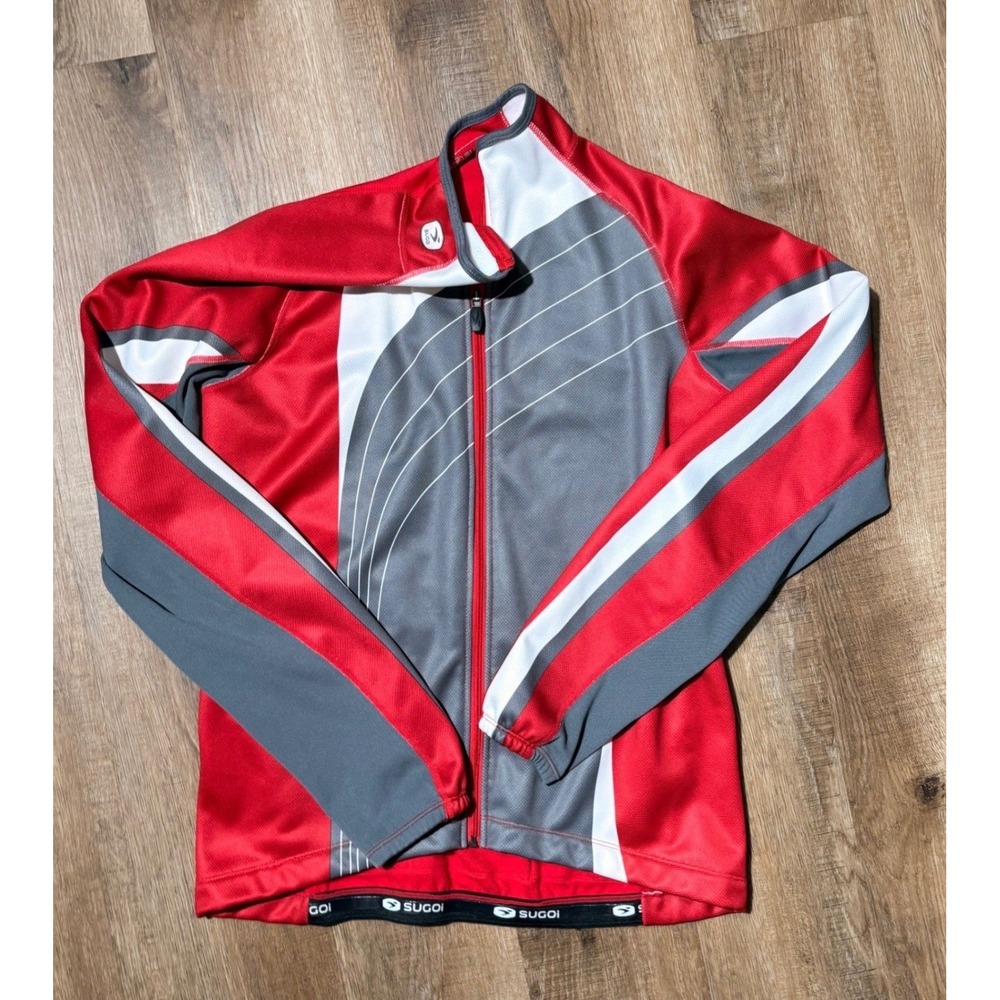 Sugoi Mens Cycling Jacket Red Grey White Full Zip Fleece Lined Bike Jersey L